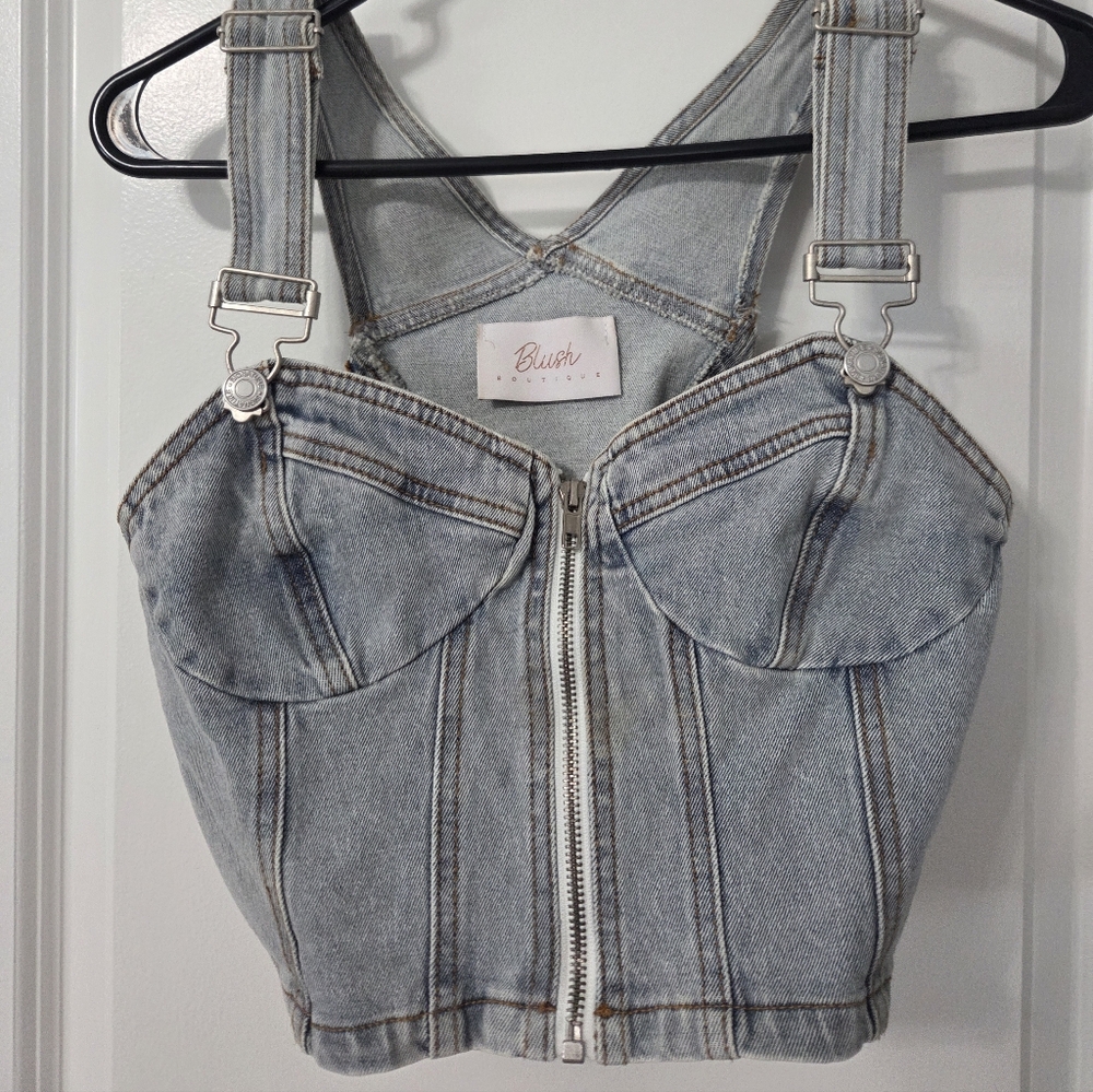 Women's Light Blue Denim Zip Up Top